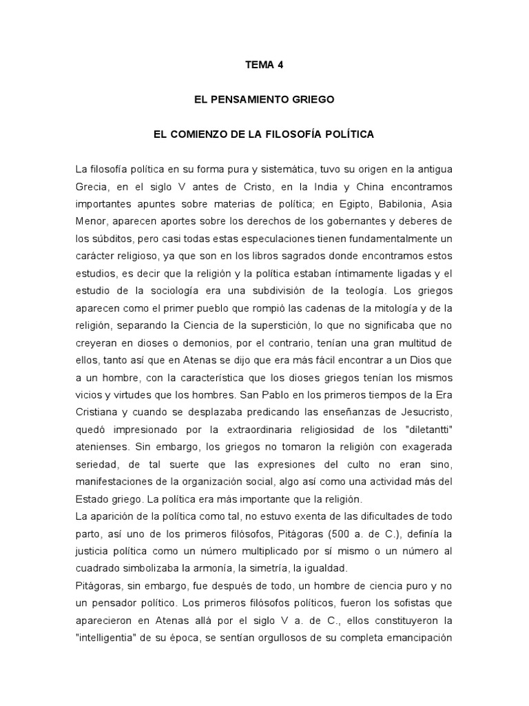 Tema 4 El Pensamiento Griego | PDF | Platón | Gobierno