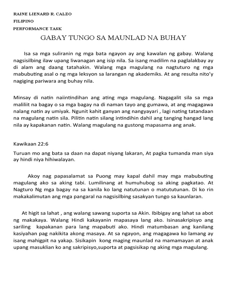 Gabay Tungo Sa Maunlad Na Buhay: Raine Lienard R. Calzo Filipino ...