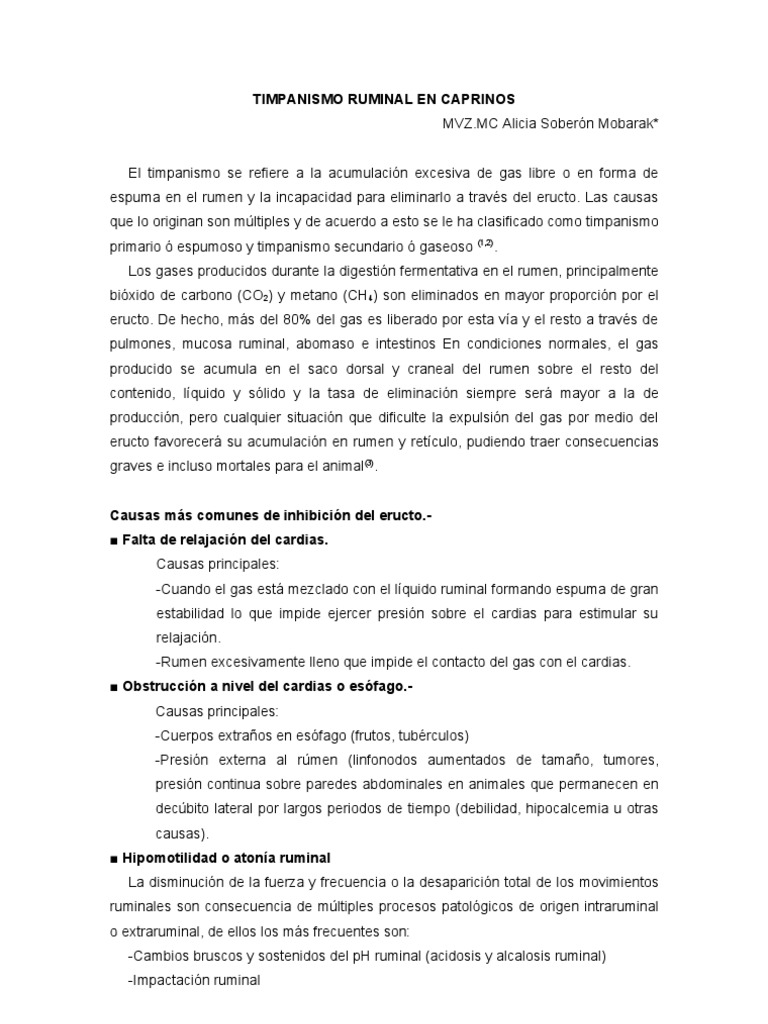 Timpanismo Ruminal en Caprinoscursonutricalicia PDF Rumiante Gases