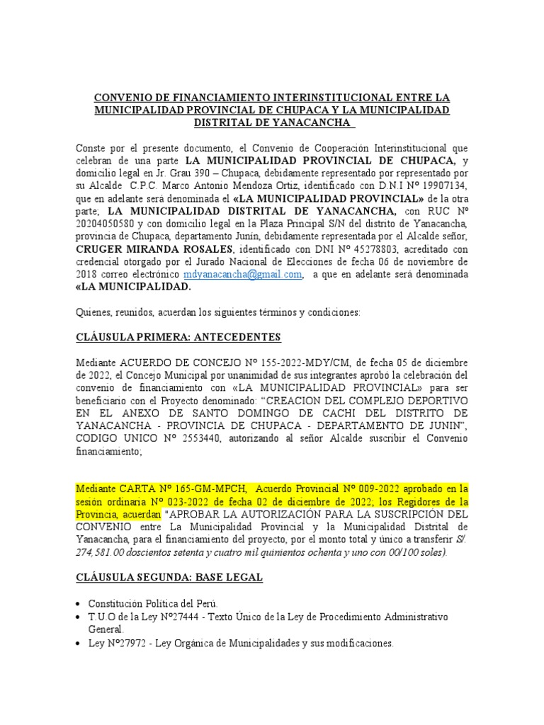 Convenio de Cofinanciamiento Interinstitucional Entre La Provincia y La ...