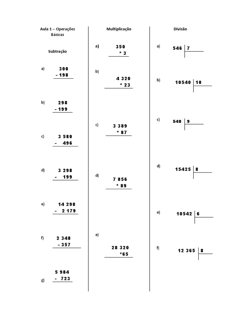 Básicas A) : Aula 1 - Operações Multiplicação Divisão | PDF ...
