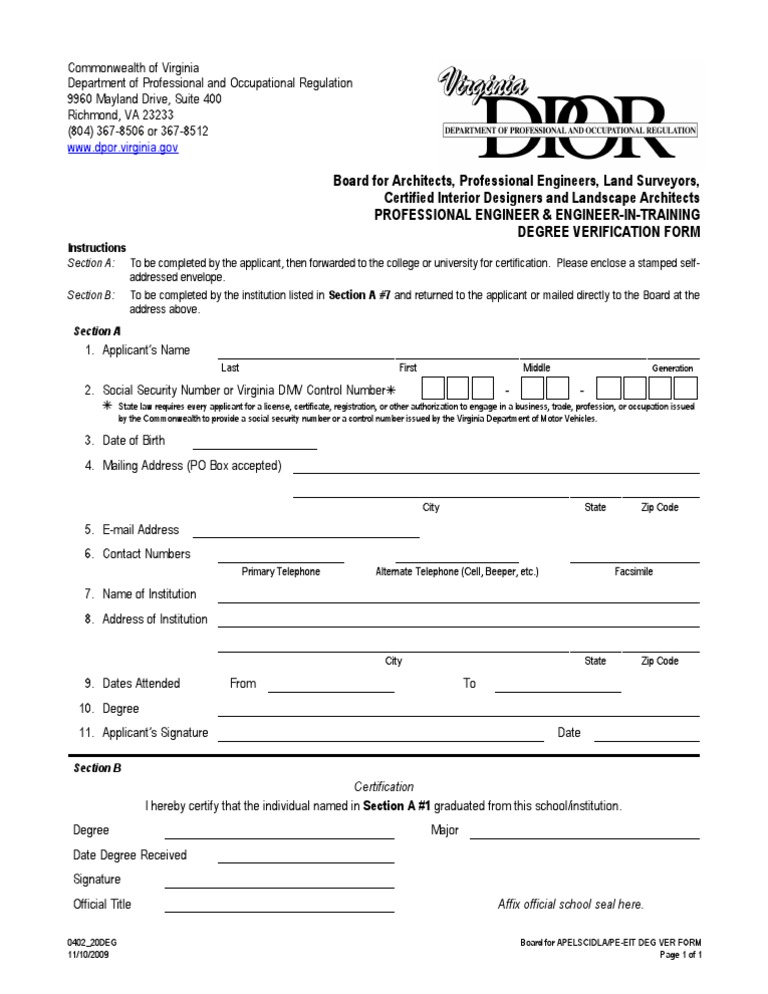 Virginia Engineer Degree Verification Form | PDF