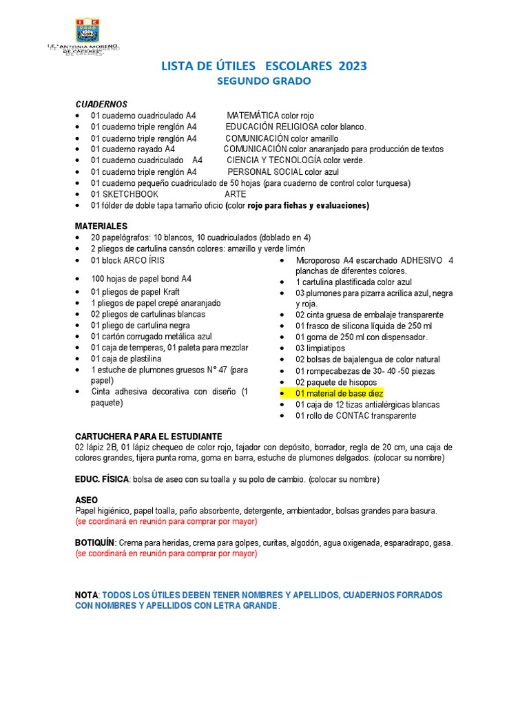 Lista de Útiles Escolares 2023: Segundo Grado | PDF | Color | Papel