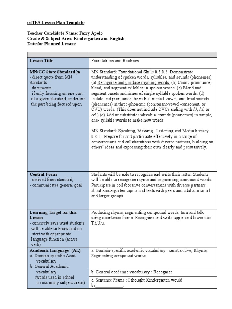 Edtpa Lesson Plan One | PDF | Syllable | Behavior Modification