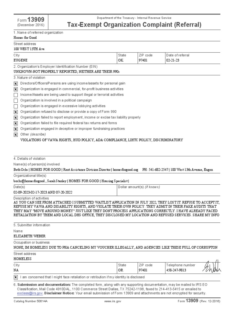 IRS Form 13909: Complaint Instructions | PDF | Internal Revenue Service ...