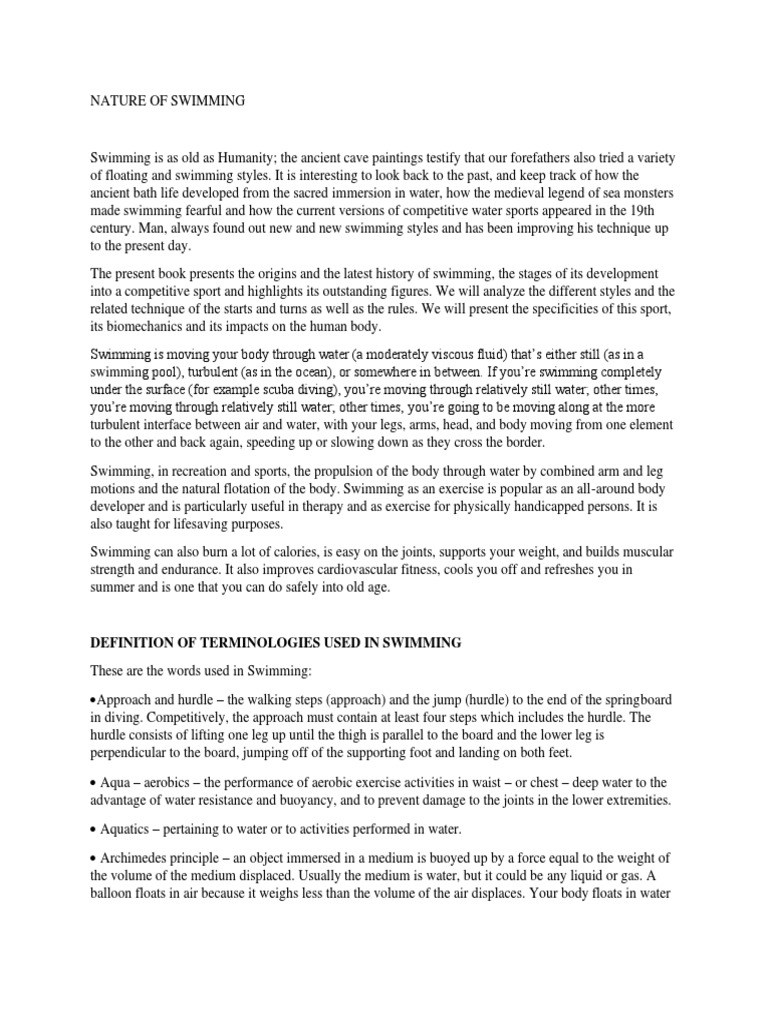 Definition of Terminologies Used in Swimming PDF Swimming