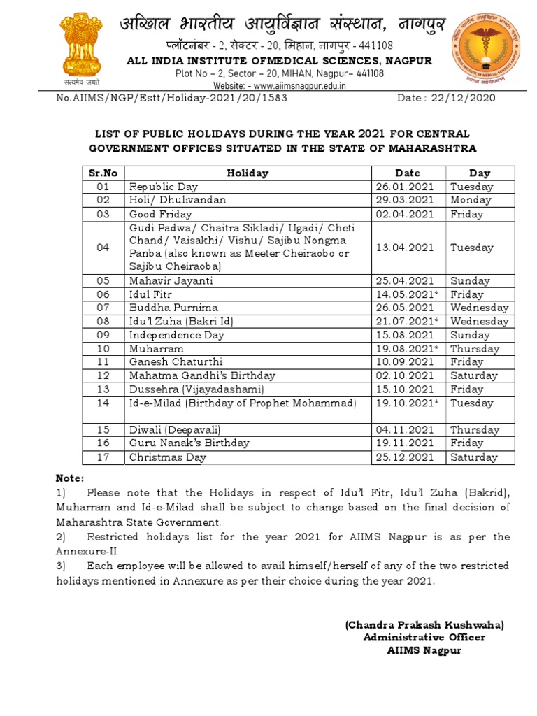 hlAIIMS Nagpur Holiday List 20211610182294j PDF Religious