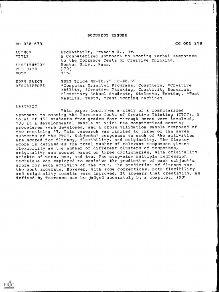 Torrance Tests of Creative Thinking | PDF | Prediction | Dependent And ...