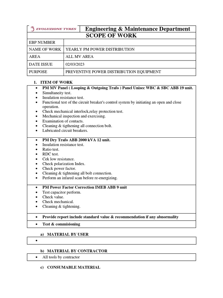 Engineering maintenance department scope of work pdf
