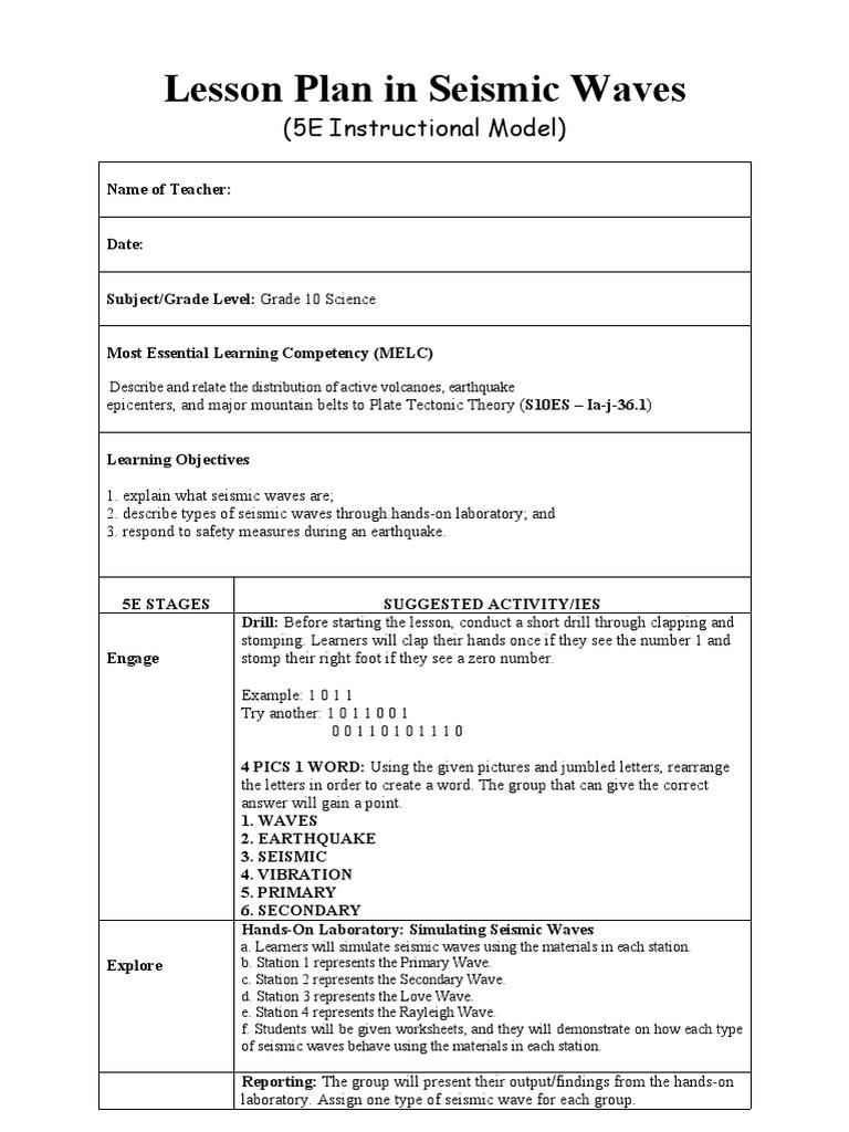Seismic Waves Lesson Plan for Grade 10 | PDF | Seismology | Waves