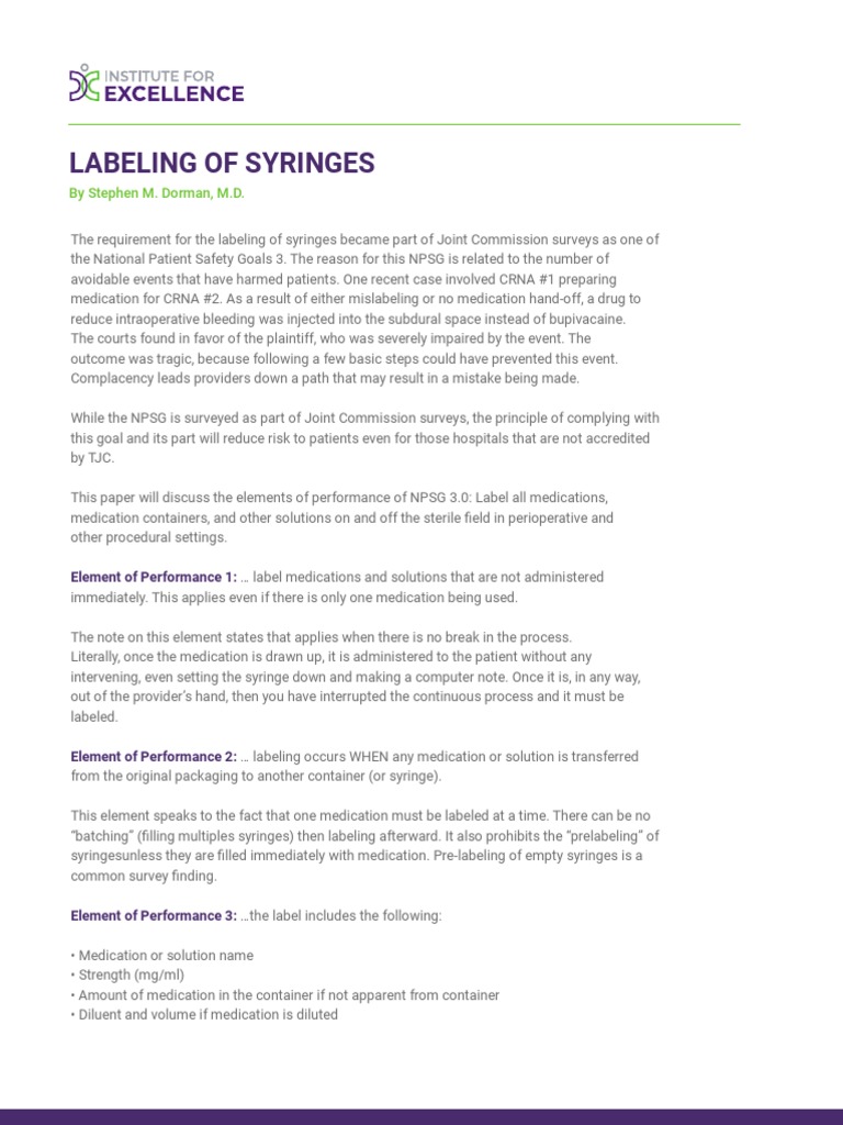 Labeling of Syringes by Stephen M. Dorman, M.D PDF Joint Commission Medicine