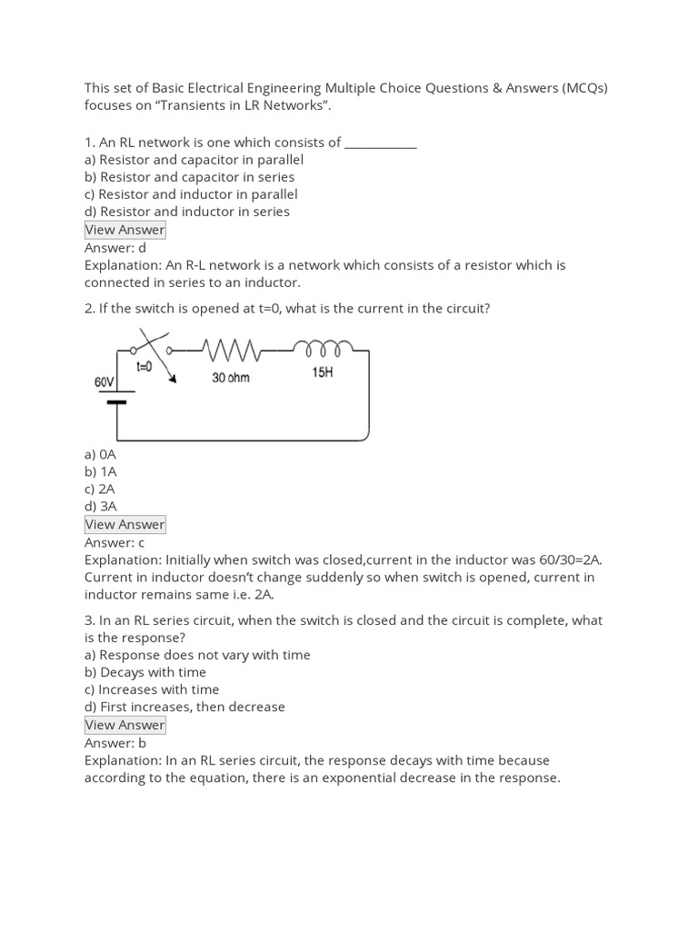 TRANSIENT ANALYSIS LR MCQs 2 | PDF | Electrical Network | Series And ...