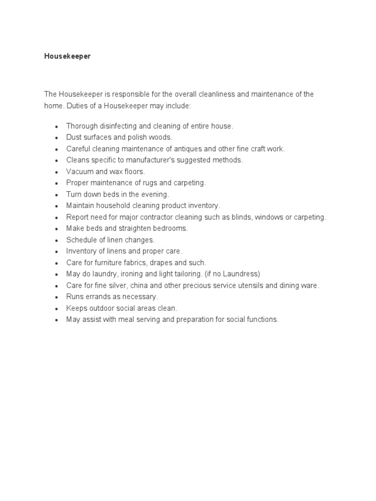Duties of Housekeeper PDF