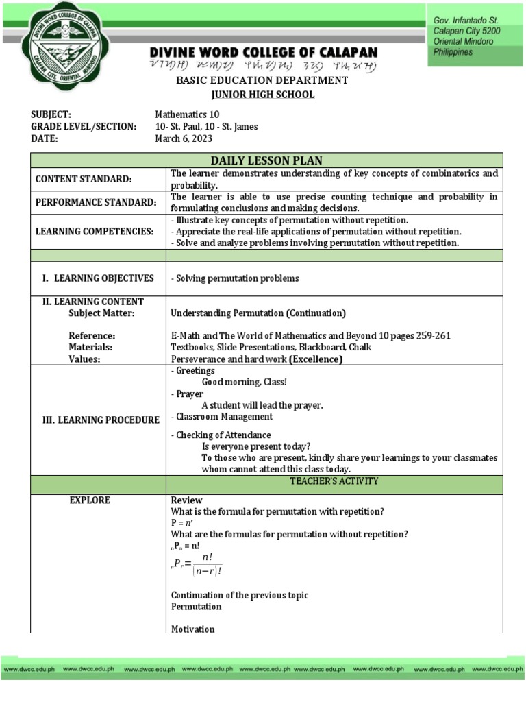 Math Lesson Plan: Permutations | PDF