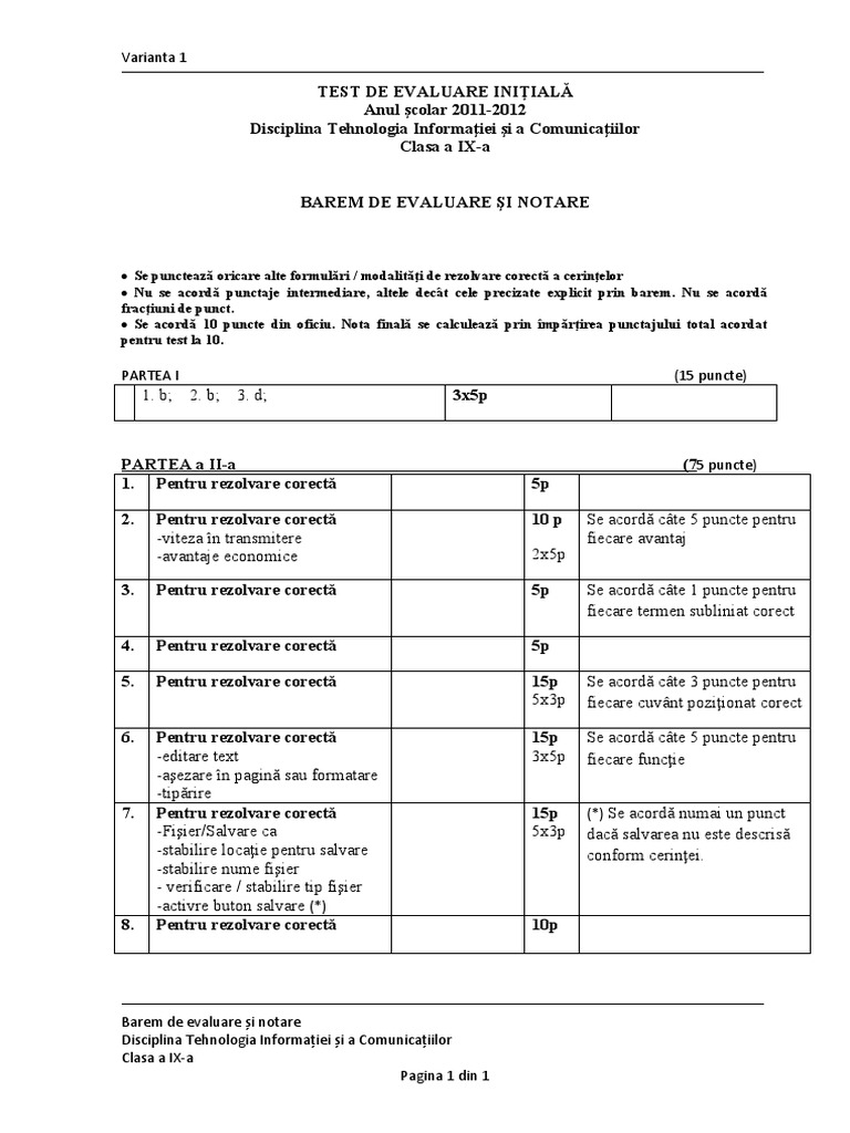 Evaluare - Initiala - Clasa - 9 - TIC Barem | PDF