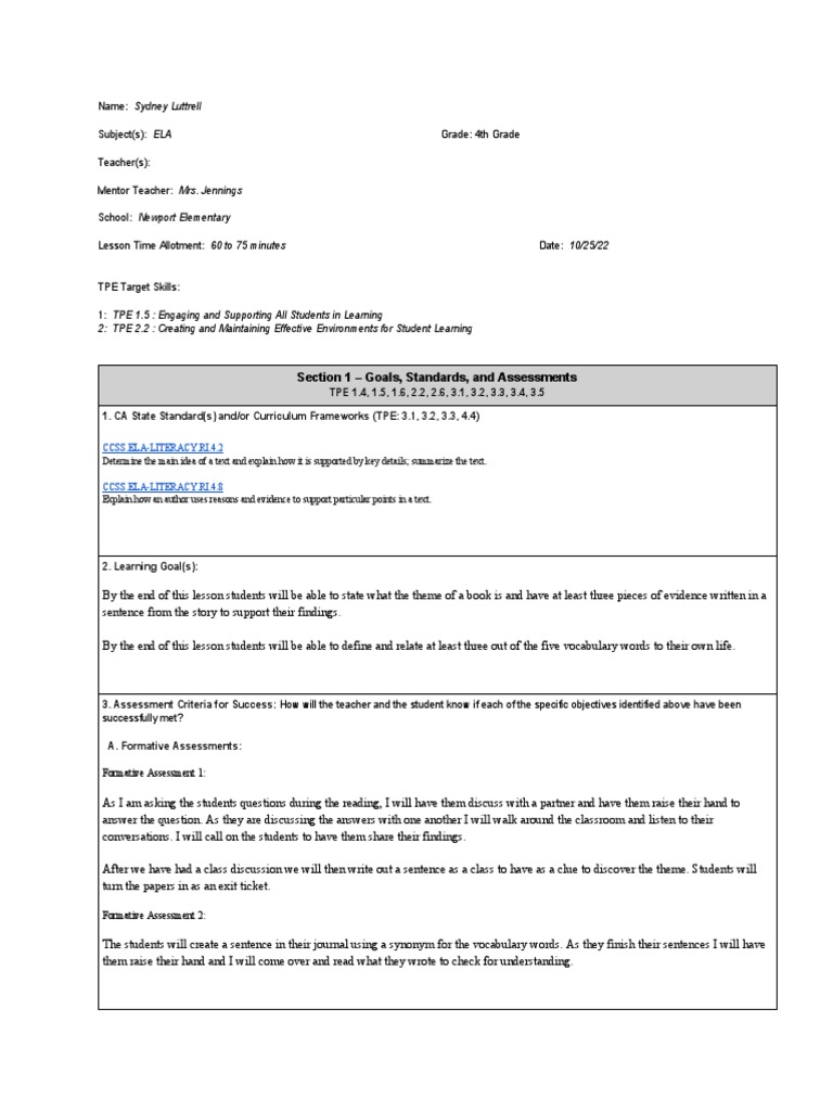 4th Grade ELA Lesson Plan Overview | PDF