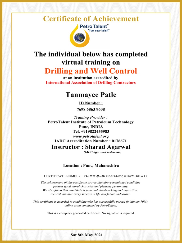 Drilling and Well Control Certificate IADC Accreditation PDF