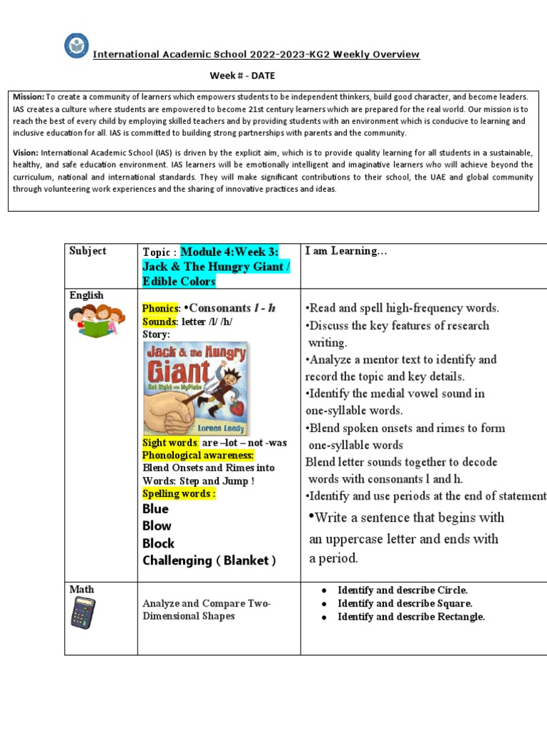 KG2 Weekly Overview: IAS 2022-2023 | PDF | Syllable | Learning