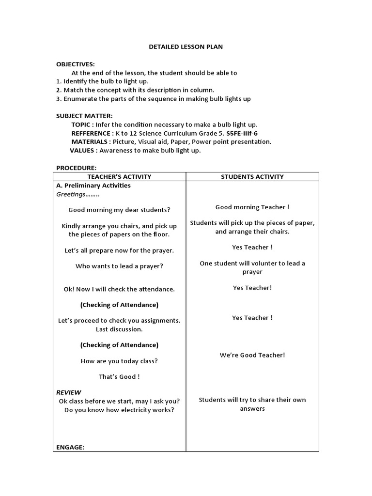 Light Bulb Activation Lesson Plan | PDF | Electricity | Lesson Plan