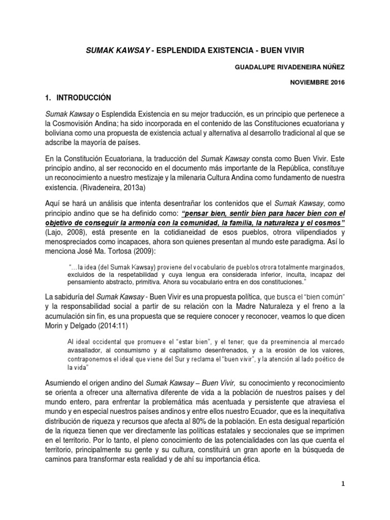 Sumak Kawsay Guadalupe Rivadeneira PDF Pensamiento Familia