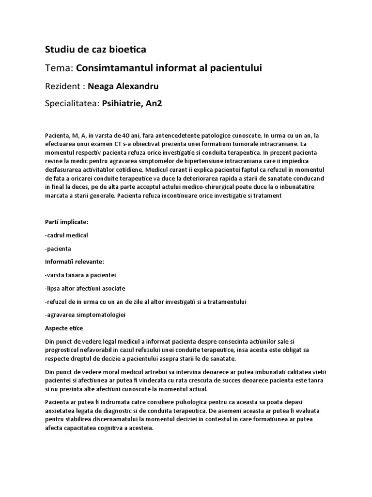 PsihiatrieNeaga Alexandru Consimtamantul Informat Al Pacientului | PDF