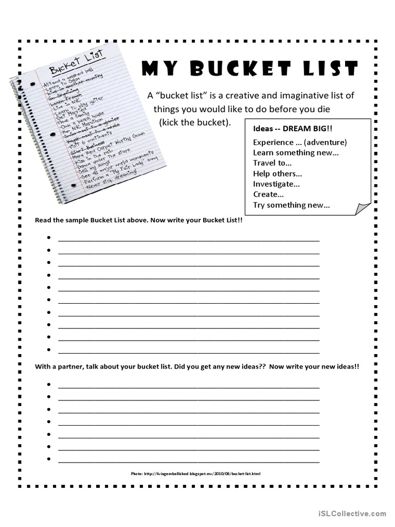 Bucket List Writing PDF