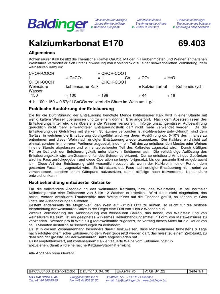 Kalziumkarbonat E170 69.403 Allgemeines PDF