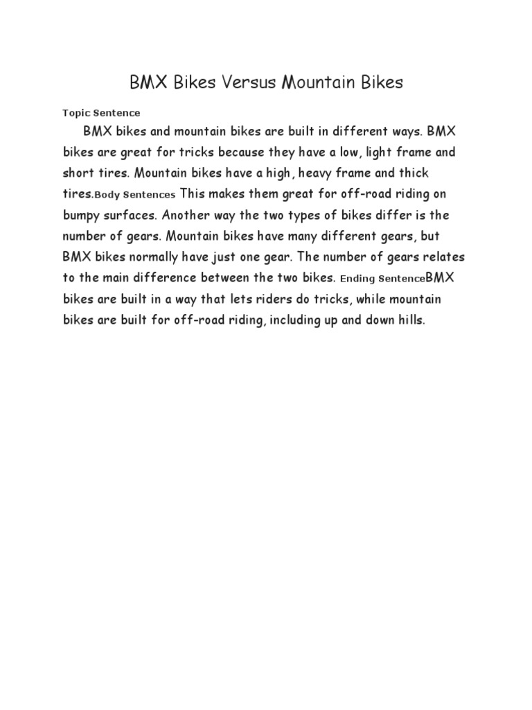 BMX Bikes Versus Mountain Bikes Topic Sentence PDF