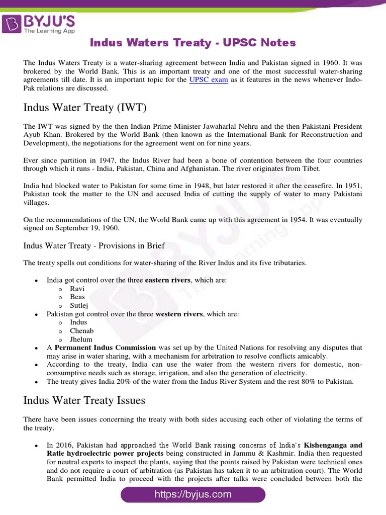 Indus Waters Treaty UPSC Notes | PDF | Government | International Relations