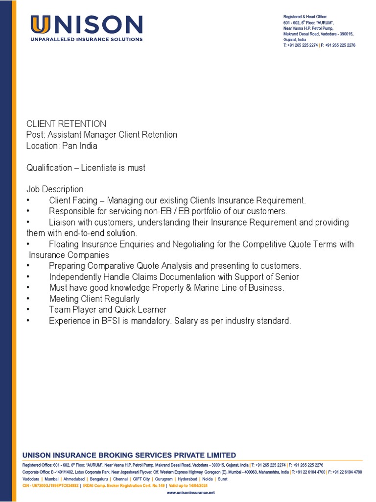 Unison Insurance Broking Job Openings | PDF | Gujarat | Mumbai