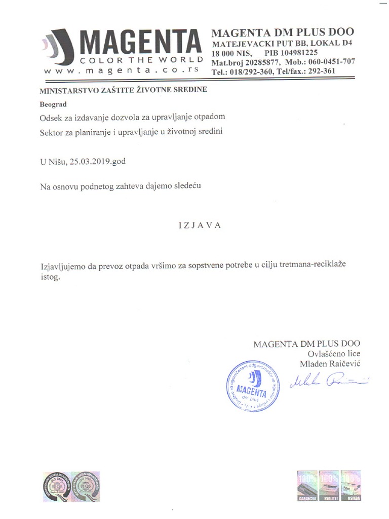 Izjava Za Prevoz Otpada | PDF