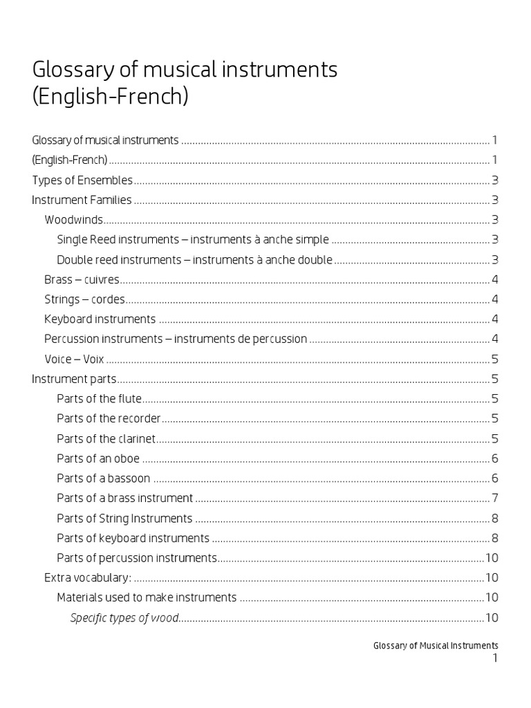 Musical Instruments Glossary: English-French | PDF | Woodwind ...
