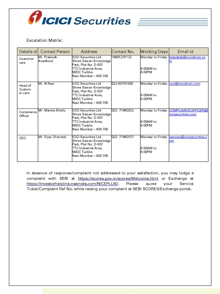 ICICI Securities Escalation Matrix | PDF | Business | Finance & Money ...