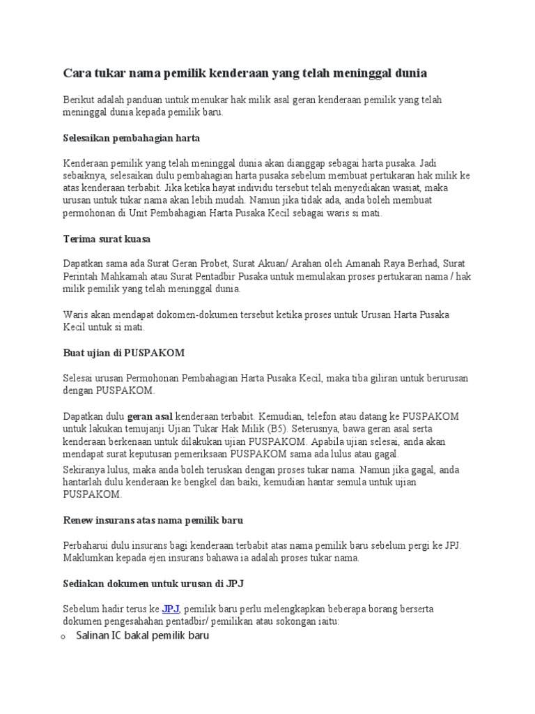Cara Tukar Nama Pemilik Kenderaan Yang Telah Meninggal Dunia | PDF