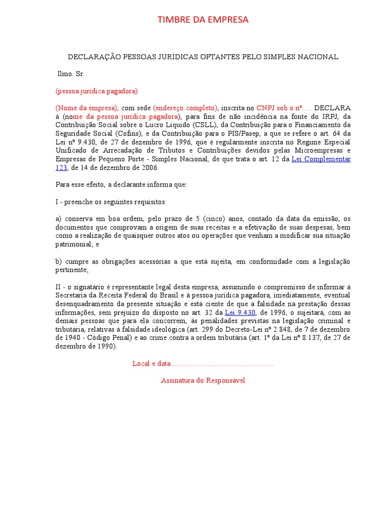 Modelo declara o pessoas jur dicas optantes pelo simples nacional pdf