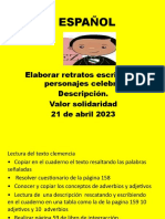 Español: Elaborar Retratos Escritos de Personajes Celebres. Descripción. Valor Solidaridad 21 de Abril 2023