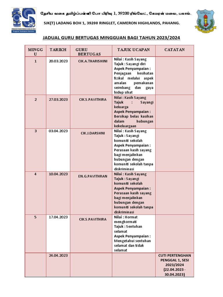 Jadual Guru Bertugas Mingguan 2023 2024 Pdf