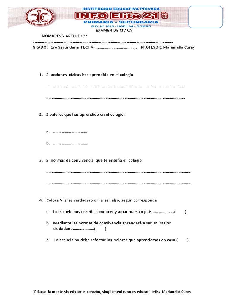 Examen Civica 1 | PDF