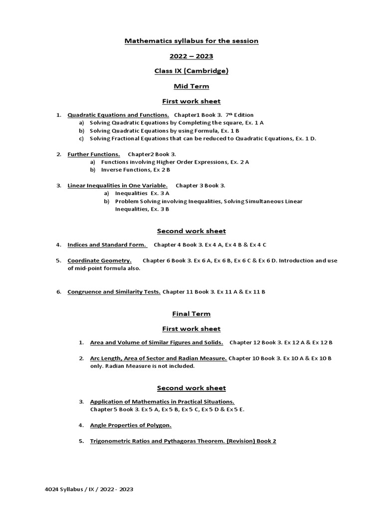 Mathematics Syllabus For The Session 2022 2023 Class IX (Cambridge) Mid Term First Work Sheet