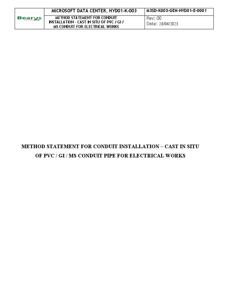 Method Statement For Conduit Installation Cast in Situ of PVC / Gi