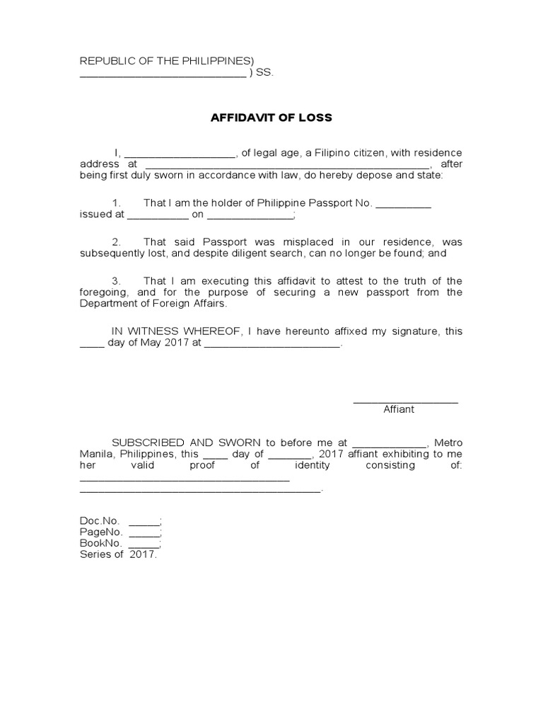 Affidavit Lost Passport Pdf