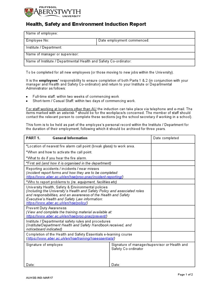 Health and Safety Induction Report | PDF | Occupational Safety And ...