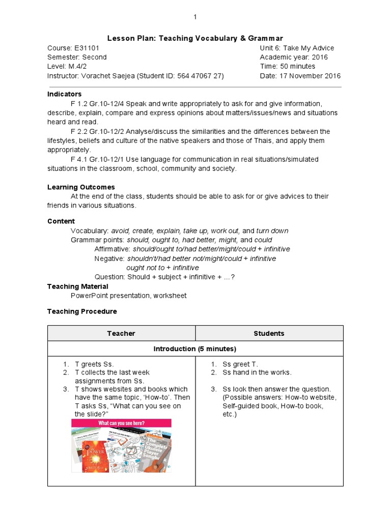 Lesson Plan Teaching Vocabulary and Gram | PDF | Question | Lesson Plan