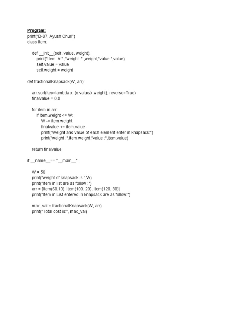 Fractional Knapsack Problem Solution | PDF