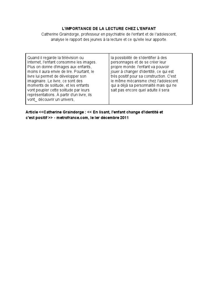 Importance de la lecture chez l'enfant | PDF