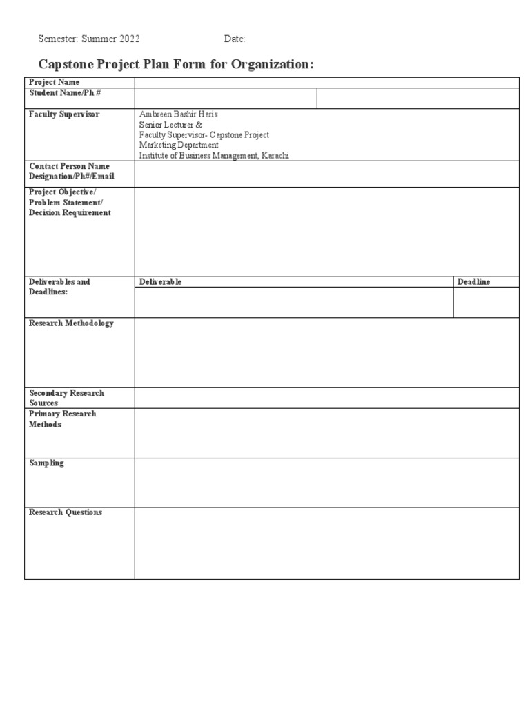 Capstone Project Plan Form For Organization:: Semester: Summer 2022 ...