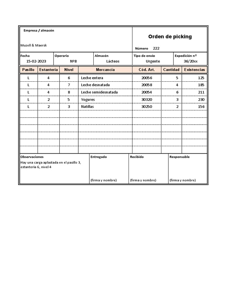 Orden de Picking: Muzell & Maersk | PDF