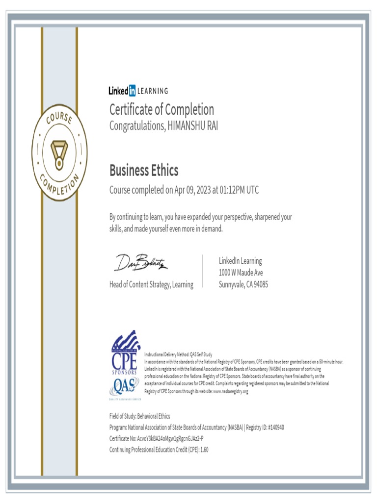 Business ethics certificate of completion pdf business