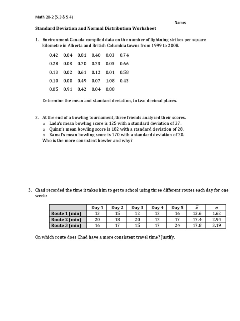 Standard Deviation & Normal Distribution Worksheet | PDF | Normal ...
