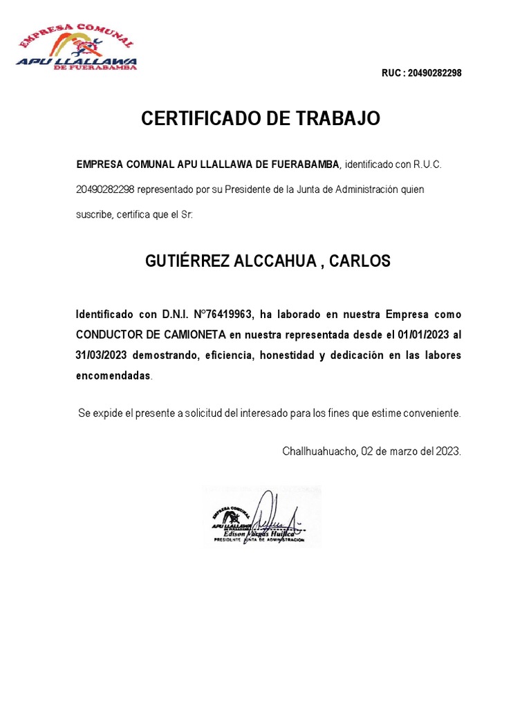 Certificado de Trabajo Conductor Carlos Gutierrrez Alcahua | PDF